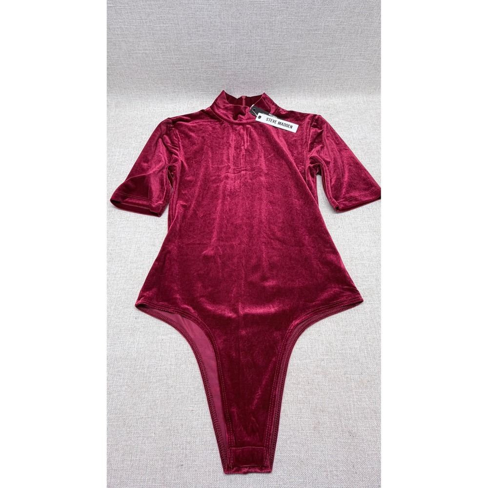 Steve Madden Velvet Mock Neck Bodysuit Small Dark Red NWT Short Sleeve Thong